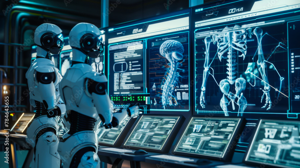 Poster a robot is sitting in front of a computer monitor with a skull on the screen. the robot is wearing a