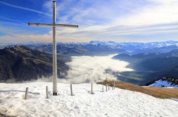 View of Swiss Alps from the summit of Mount Rigi. Switzerland, Europe.