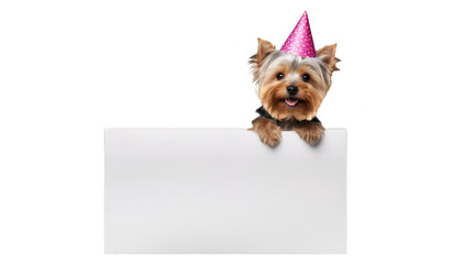 A Yorkshire Terrier wearing a party hat and holding a blank sign in its paws.