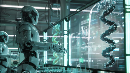 A robot is sitting in front of a computer monitor with a skull on the screen. The robot is wearing a white suit and has a robotic face. The robot is surrounded by several other robots