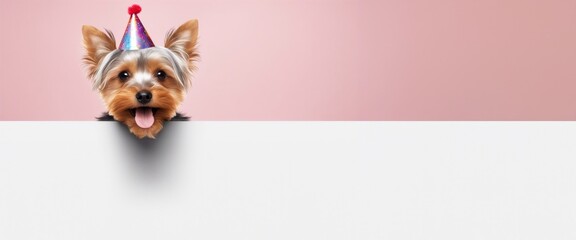 Yorkshire Terrier wearing a party hat sits behind a blank sign.