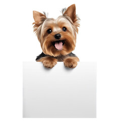 A photo of a Yorkshire Terrier smiling with its paws on a blank sign.