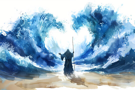 Moses separate the sea in exodus. Israelites crossing the red sea. Biblical and religion watercolor illustration. Happy Passover, Pesah