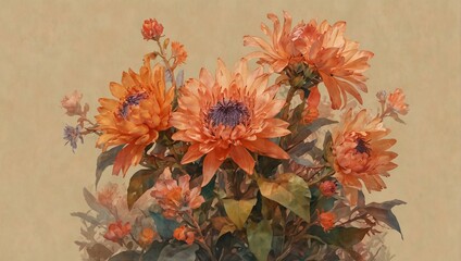 A cluster of intense orange dahlia flowers with intricate petals and a painterly quality against a subdued backdrop