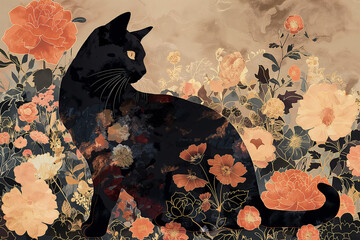 Cat, synthesizer, abstract, floral elements, big flowers, intricate, stunning, minimalist, black, texture, subtle, classy, luxury, empty clean background, enchanting, illustration