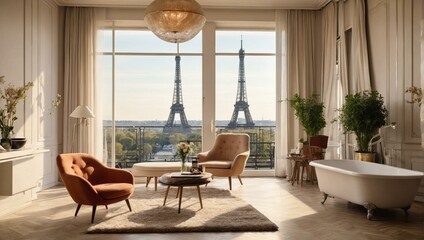 Classic yet modern Parisian room interior with an exceptional view of the iconic Eiffel Tower through large window - obrazy, fototapety, plakaty