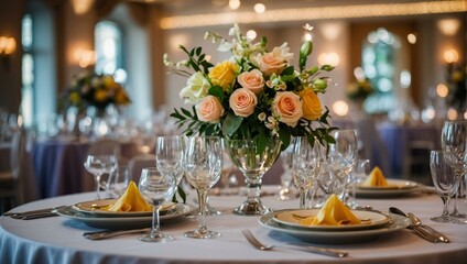 A beautifully arranged wedding table setting, complete with floral centerpiece and elegant glassware, encapsulating celebration and romance