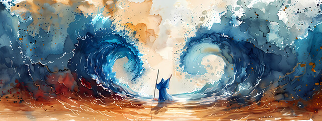 Moses separate the sea in exodus. Israelites crossing the red sea. Biblical and religion watercolor illustration. Happy Passover, Pesah - obrazy, fototapety, plakaty