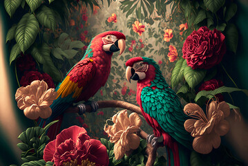 Naklejka premium wallpaper jungle and leaves tropical forest wall mural parrot butterflies old drawing vintage background 