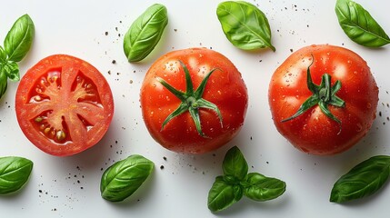 Fresh Tomatoes with Basil on White Background Generative AI