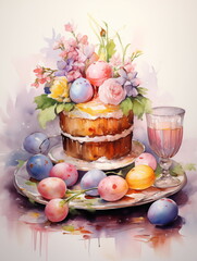 Watercolor illustration with Easter cake and Easter eggs. - 784644460