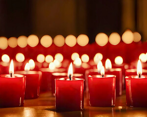 Rows of red votive candles lit in a dark room, creating a warm, serene atmosphere with a soft bokeh effect in the background.
