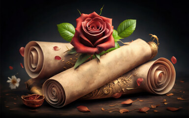 old paper scroll with rose - obrazy, fototapety, plakaty