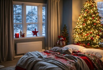 christmas decoration on the bed, Beautiful Christmas bedroom facing facing forward. Bed facing forward. Christmas bedspread. Window in the back with snow falling outside. Full image - Powered by Adobe