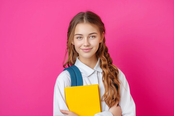 Obraz premium Portrait of a cute schoolgirl with a yellow book in hands on a pink background