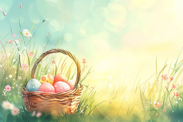 Watercolor illustration in the style of children's drawings with a basket of Easter eggs against a sunny landscape. Lots of negative space. Easter background. - 784644821