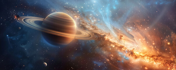 Obraz premium Planet Saturn with rings in outer space among star bakcgorund. generative ai