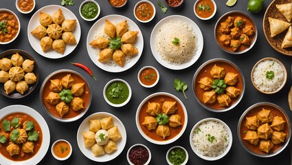Set-of-Indian-foods--top-view--isolated-on-white-background--momos--butter-chicken-curry-and-rice--samosas--pani-puri-on-plate--Asian-food-set-collection-top-view--Indian-and-Pakistani-food-collection