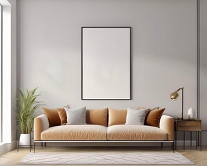 Mockup of Chic Living Room with Earth Tones and Modern Decor
with blank frame on wall wiht copy space