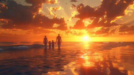 A family of four is walking on the beach at sunset