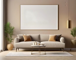 Mockup of Modern chic living room interior featuring a plush earth-toned sofa, decorative pillows, a brass reading lamp, and a large blank frame on a gray wall.
