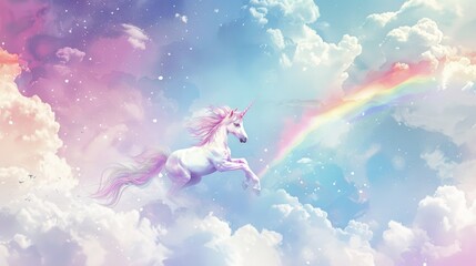 Obraz na płótnie Canvas Unicorn in Flight with a Vivid Rainbow in a Sky Full of Cotton Candy Clouds, Watercolor