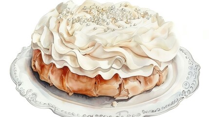 Obraz na płótnie Canvas Exquisite Pearl Pavlova Dessert Watercolor of a Single Delicate Swirled Meringue Confection on White Background