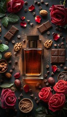 Elegant Perfume Bottle with Damascus Roses, Chocolate and Wood Accents Generative AI - obrazy, fototapety, plakaty