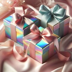 Iridescent Gift Box With A Pink Satin Ribbon, Soft Pink Tones And Playful Light Reflections. Mother's Day, Engagement Celebration, Baby Shower, Bridal Shower