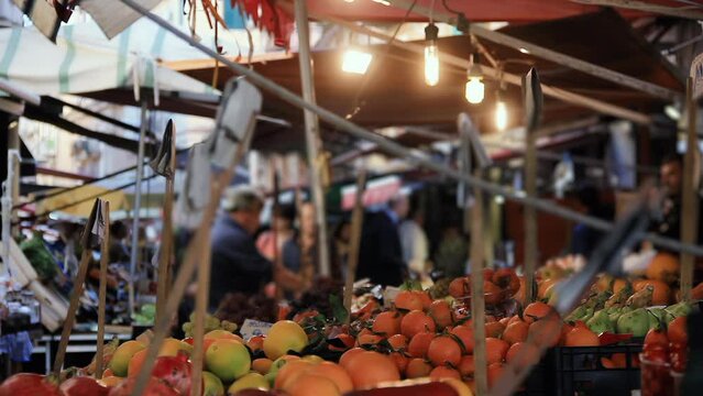 Fruit and Vegetables Street Market in Palermo, Sicily, Italy. 4K Resolution.