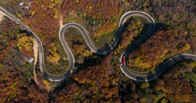 aerial view of inegol domanic road with beautiful autumn colors of nature, Kutahya, Turkey