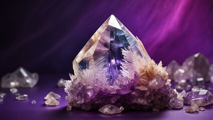 A captivating amethyst crystal cluster with a large, clear centerpiece surrounded by smaller translucent crystals