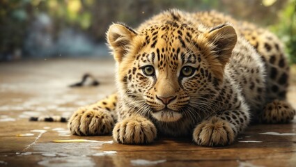 An adorable young leopard lies on the ground, its alert eyes gazing curiously ahead - obrazy, fototapety, plakaty