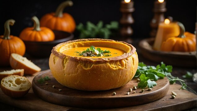 A fall-themed image capturing pumpkin soup in a bread bowl, garnished with herbs on a rustic wooden board