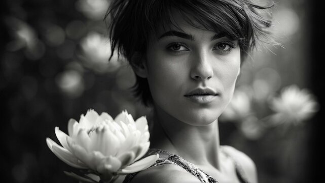A monochromatic image capturing the subtle beauty of a young woman with a pixie haircut holding flowers