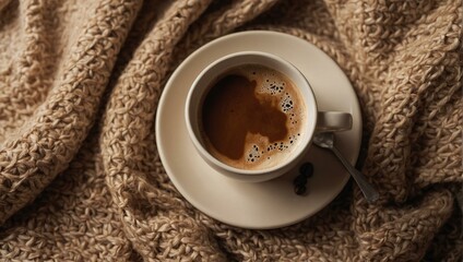 A warm cup of coffee nestled in a soft, knit sweater creating an inviting and cozy atmosphere