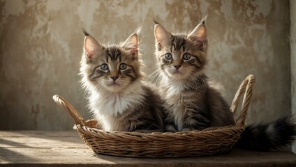Two fluffy Maine Coon kittens with striking eyes sitting together in a woven basket looking adorable
