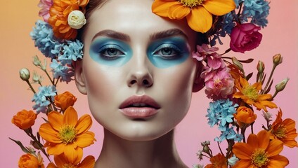 A close-up shot of a woman with striking blue makeup and a vibrant crown of assorted flowers, showcasing artistic beauty