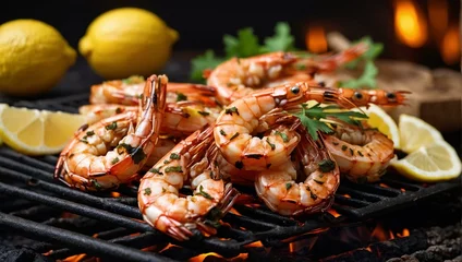 Foto op Canvas Fresh prawns being grilled to perfection over a barbecue with slices of lemon and herbs for a gourmet seafood cuisine © ArtistiKa