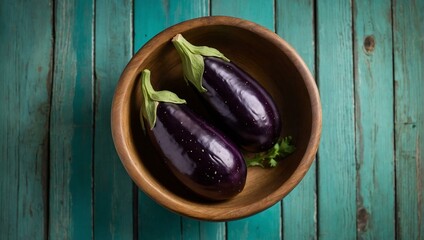 This image showcases a pair of rich, purple eggplants resting in a wooden bowl, highlighting concepts of organic simplicity and healthy eating