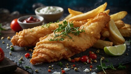 Delectable crispy battered fish paired with golden fries and condiments on a slate board - obrazy, fototapety, plakaty
