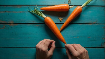 Two fresh, orange carrots form the letter 'X,' symbolizing choice, crossroads, and decision-making against a rustic blue backdrop - obrazy, fototapety, plakaty