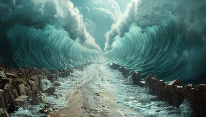 Сomposite of the ocean opening up to form a canal. Moses separate the sea in exodus. Israelites crossing the red sea. Biblical and religion illustration. Happy Passover, Pesah - obrazy, fototapety, plakaty