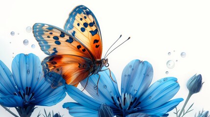 Orange Butterfly Perched on Blue Chicory Flower Generative AI - obrazy, fototapety, plakaty