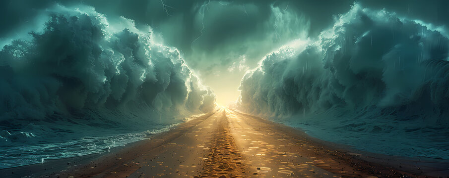 Сomposite of the ocean opening up to form a canal. Moses separate the sea in exodus. Israelites crossing the red sea. Biblical and religion illustration. Happy Passover, Pesah