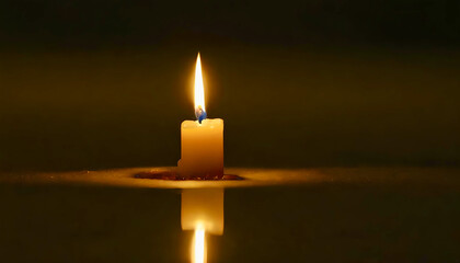 Lone Candle Flame Reflecting on a Dark Surface