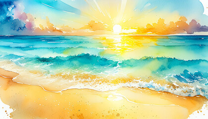 Serene beach at sunrise, with waves and a warm palette, evoking peace - 784646458