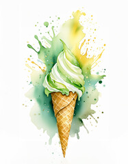Viibrant illustration of a green and yellow ice cream cone amidst colorful splashes - 784646483
