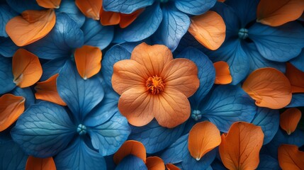 In a basic flat lay, orange petals are arranged in circles on a blue paste background. This is a creative concept. - obrazy, fototapety, plakaty