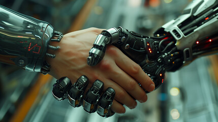Corporate Concurrence: Close-Up Handshake of Business Partners, Human and Robot